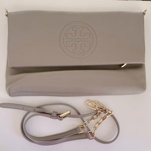 Tory Burch Taupe with gold hardware fold over clutch with strap